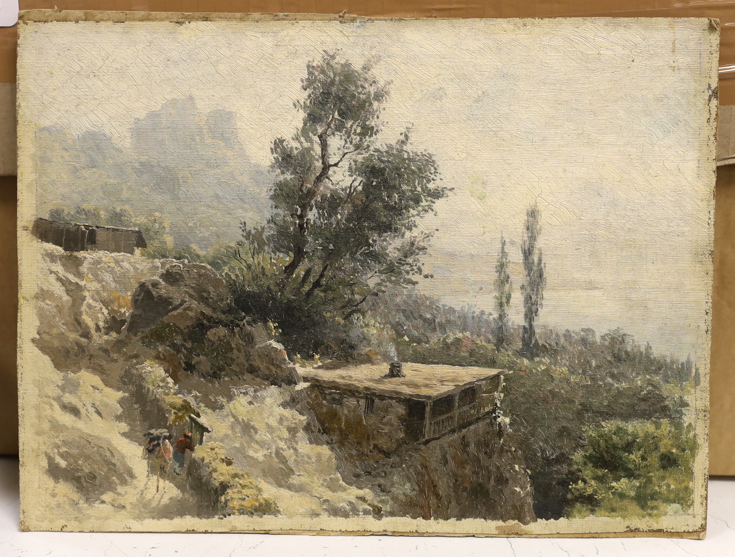 Russian school, oil on canvas laid on board, Mountainous scene inscribed in Cyrillic verso with initials V.P and titled 
